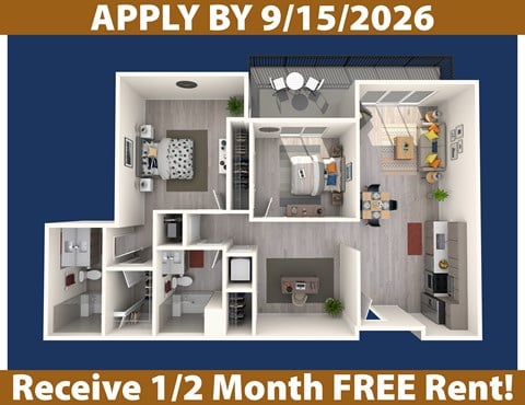 Floor plan for 2 beds, 2 baths, 1142 sqft